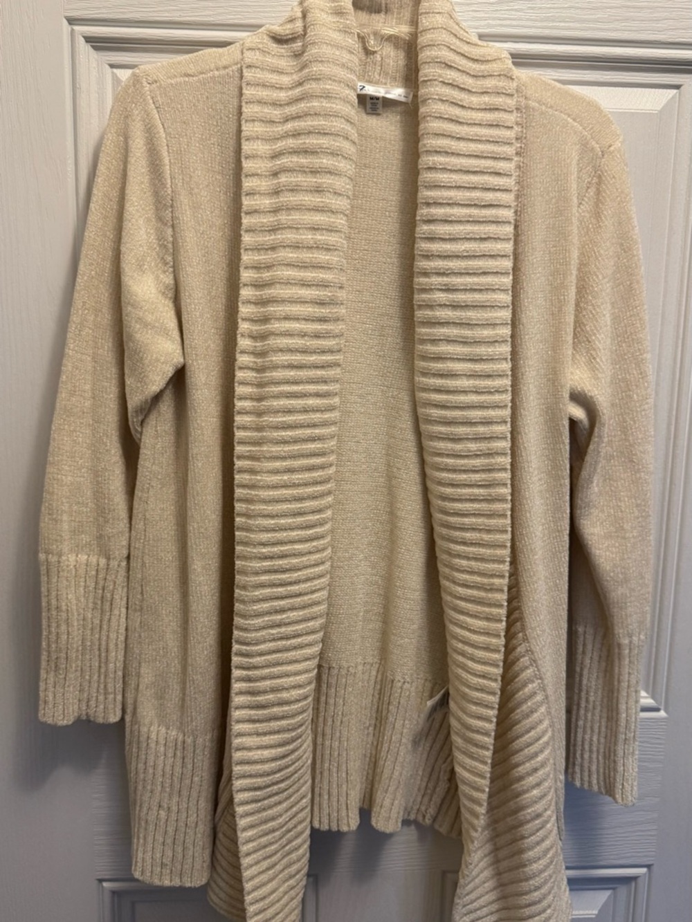 Seven7 Cream Ribbed Shawl Collar Open-Front Cardigan